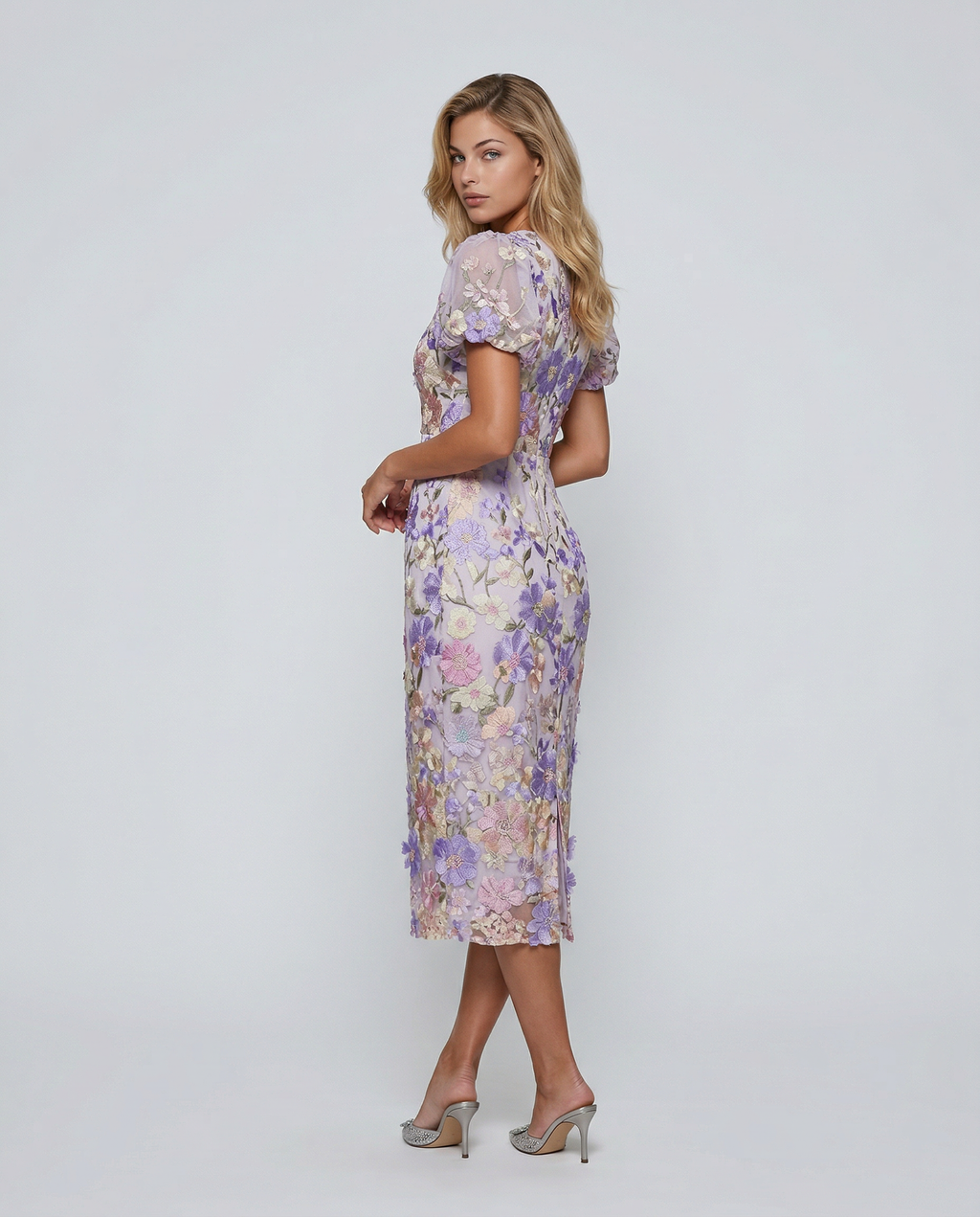 Women's Floral Embroidered Midi Dress with Puff Sleeves for Elegant Events