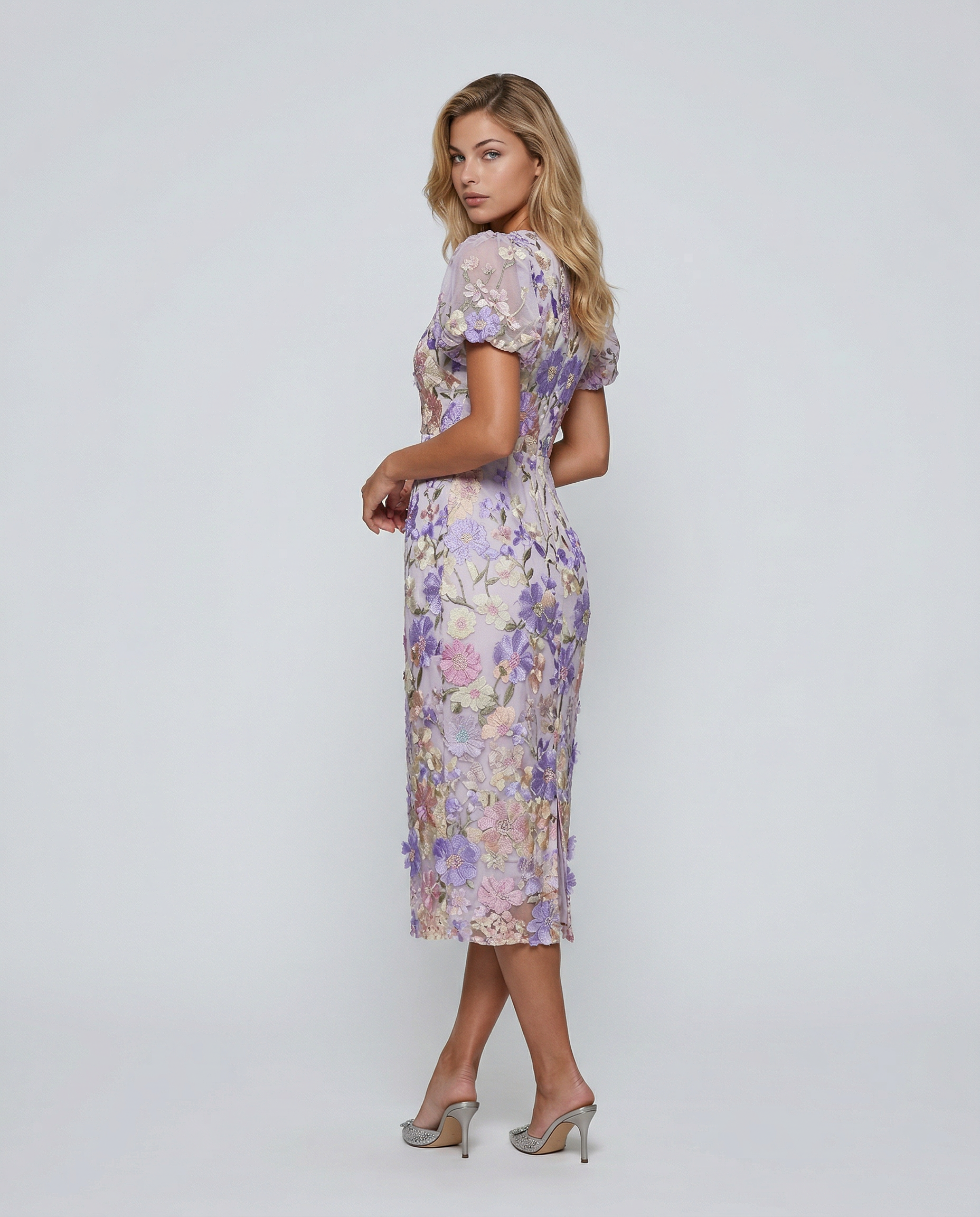 Women's Floral Embroidered Midi Dress with Puff Sleeves for Elegant Events