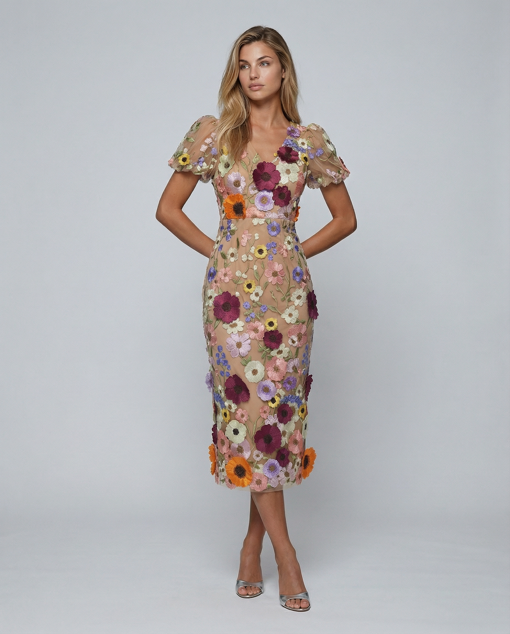 Women's Floral Embroidered Midi Dress with Puff Sleeves for Elegant Events