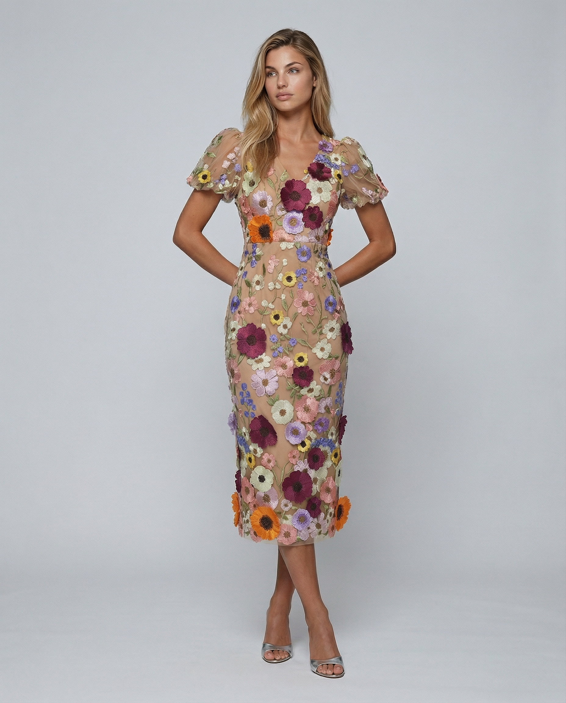 Women's Floral Embroidered Midi Dress with Puff Sleeves for Elegant Events
