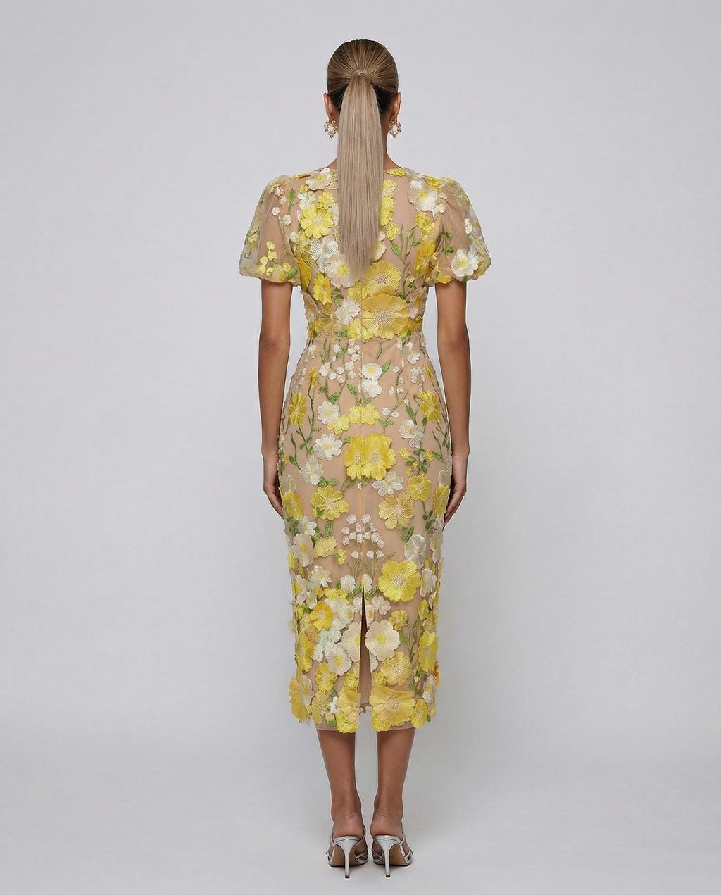 Women's Floral Embroidered Midi Dress with Puff Sleeves for Elegant Events