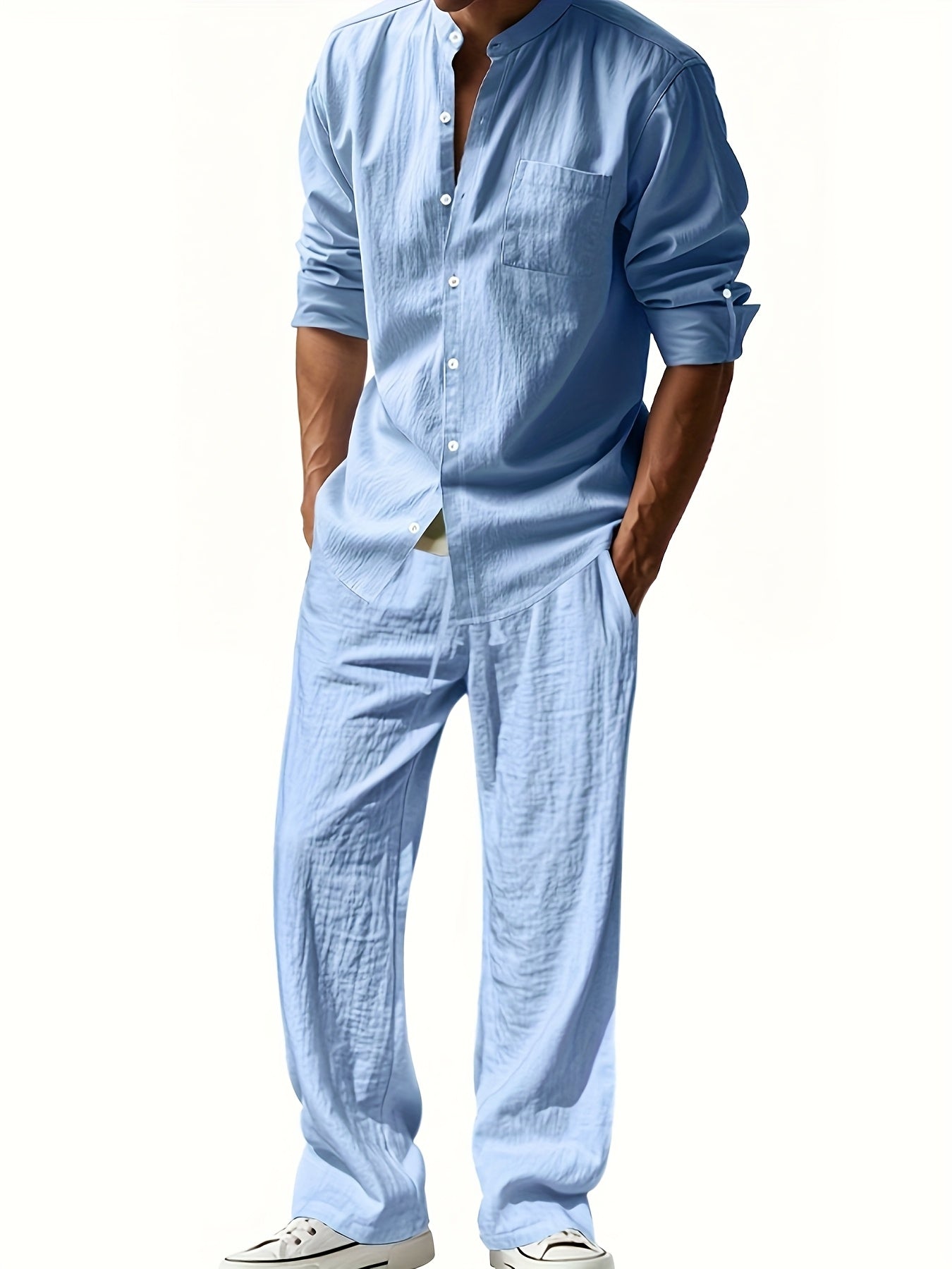 Men's Linen Two-Piece Set with Band Collar Shirt for Summer Comfort