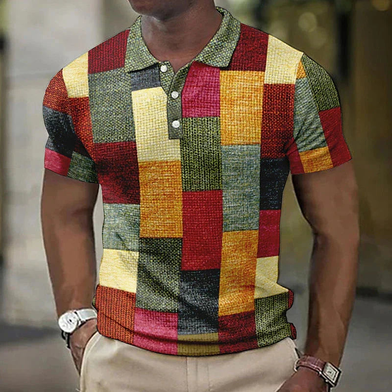 Men's Vintage Patchwork Print Short Sleeve Casual Polo Shirt