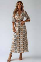 Women's Leaf Print Belted Maxi Dress