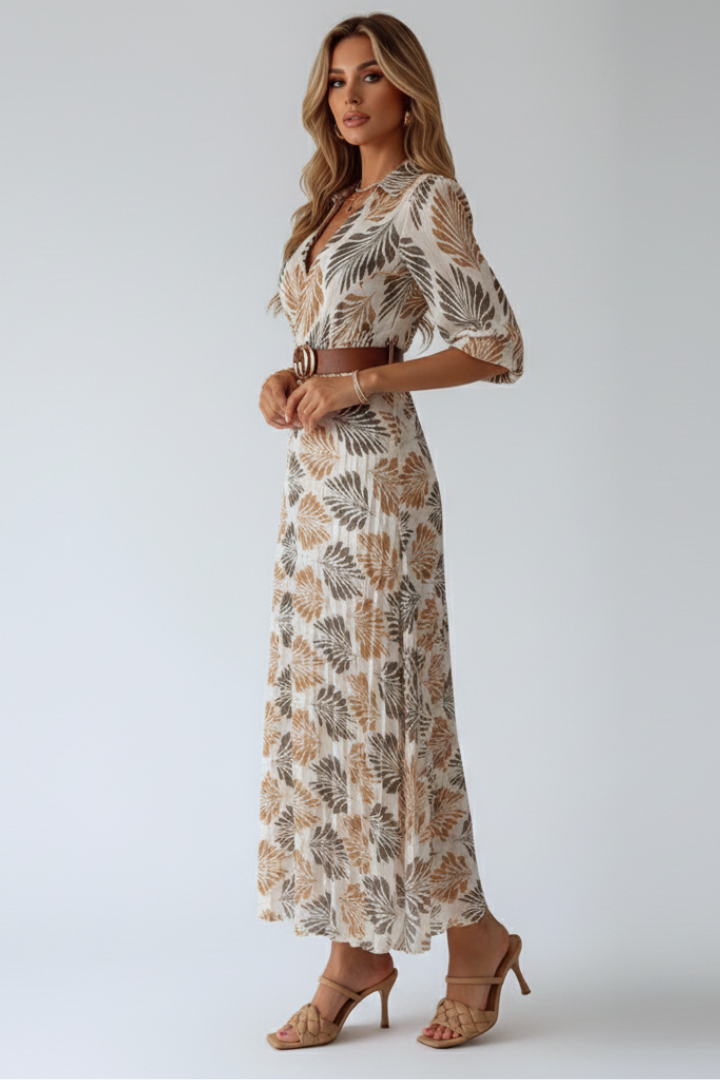 Women's Leaf Print Belted Maxi Dress