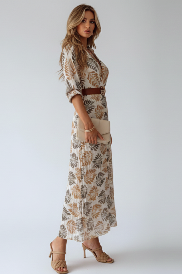 Women's Leaf Print Belted Maxi Dress