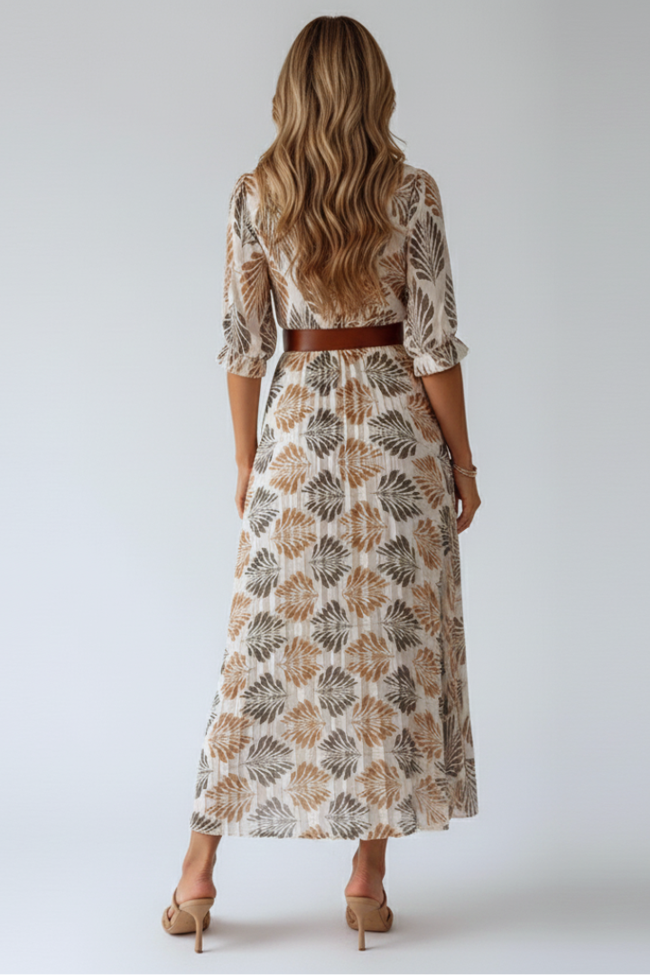 Women's Leaf Print Belted Maxi Dress