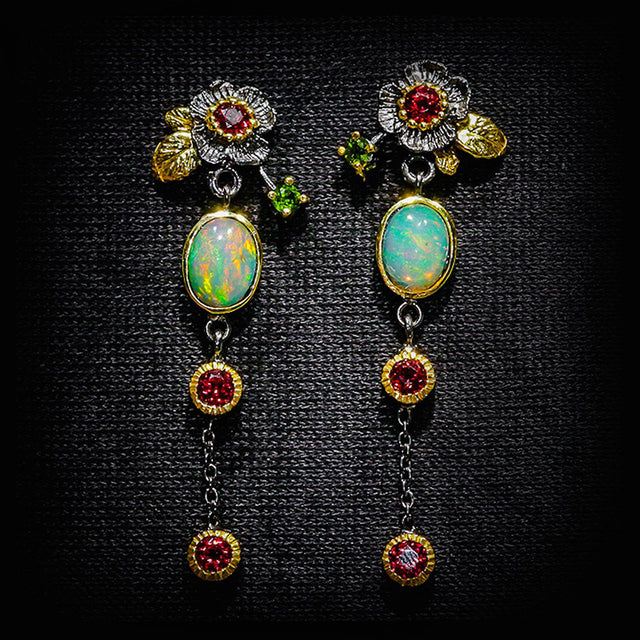 Women’s Floral Opal-Style Long Drop Earrings