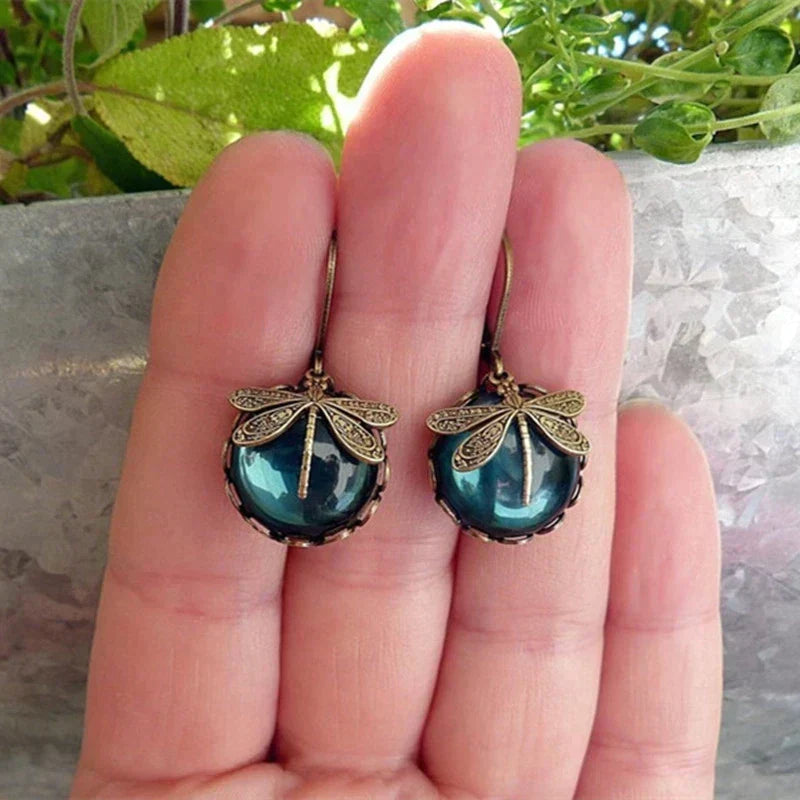 Women’s Vintage Dragonfly Blue Stone Drop Earrings