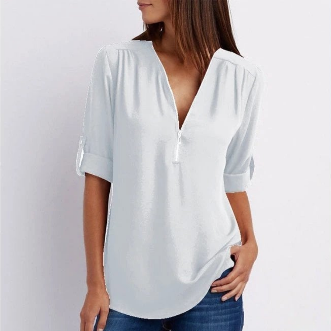 Blouse femme à col en V et fermeture éclair sur le devant