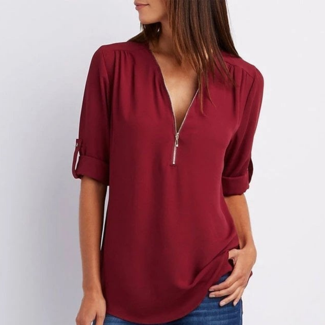 Blouse femme à col en V et fermeture éclair sur le devant