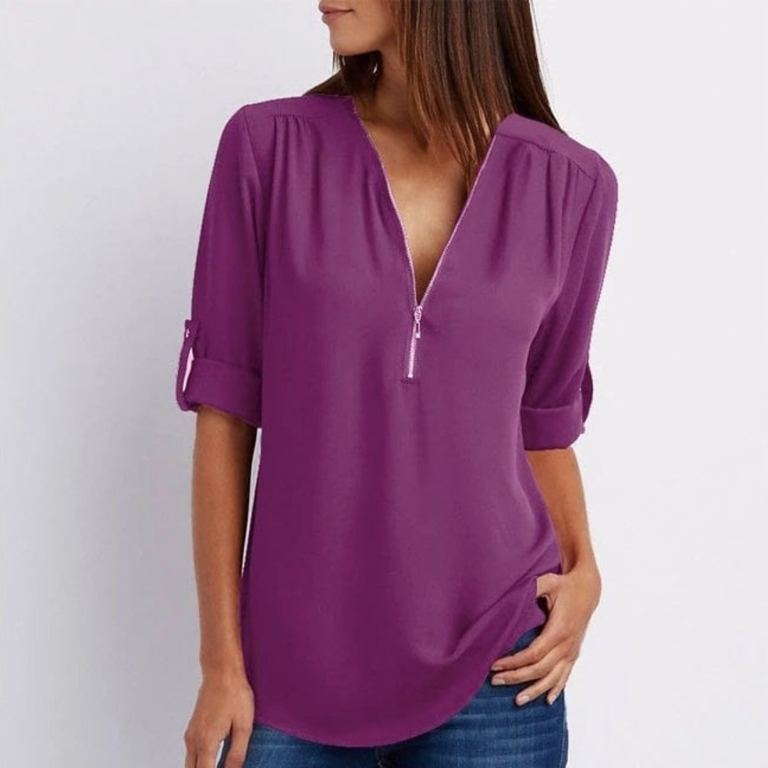 Blouse femme à col en V et fermeture éclair sur le devant