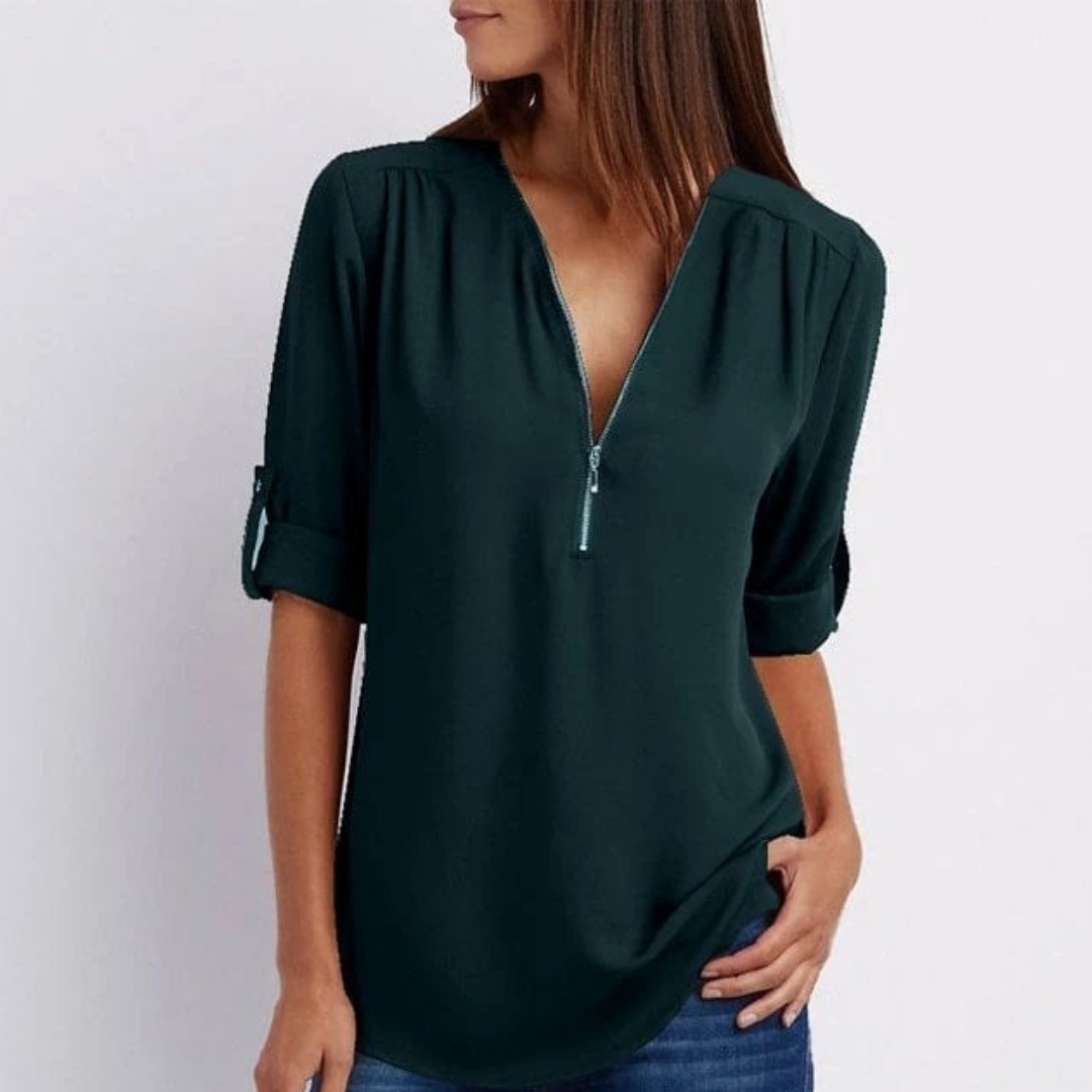 Blouse femme à col en V et fermeture éclair sur le devant