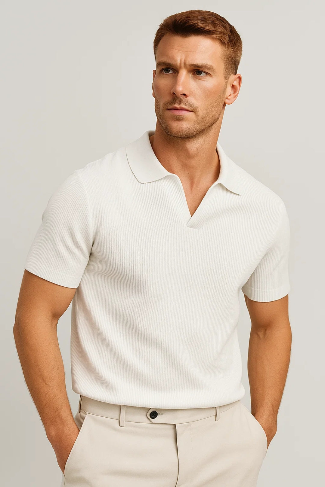 Men’s Ribbed Knit Polo with Open Collar and Modern Smart Fit