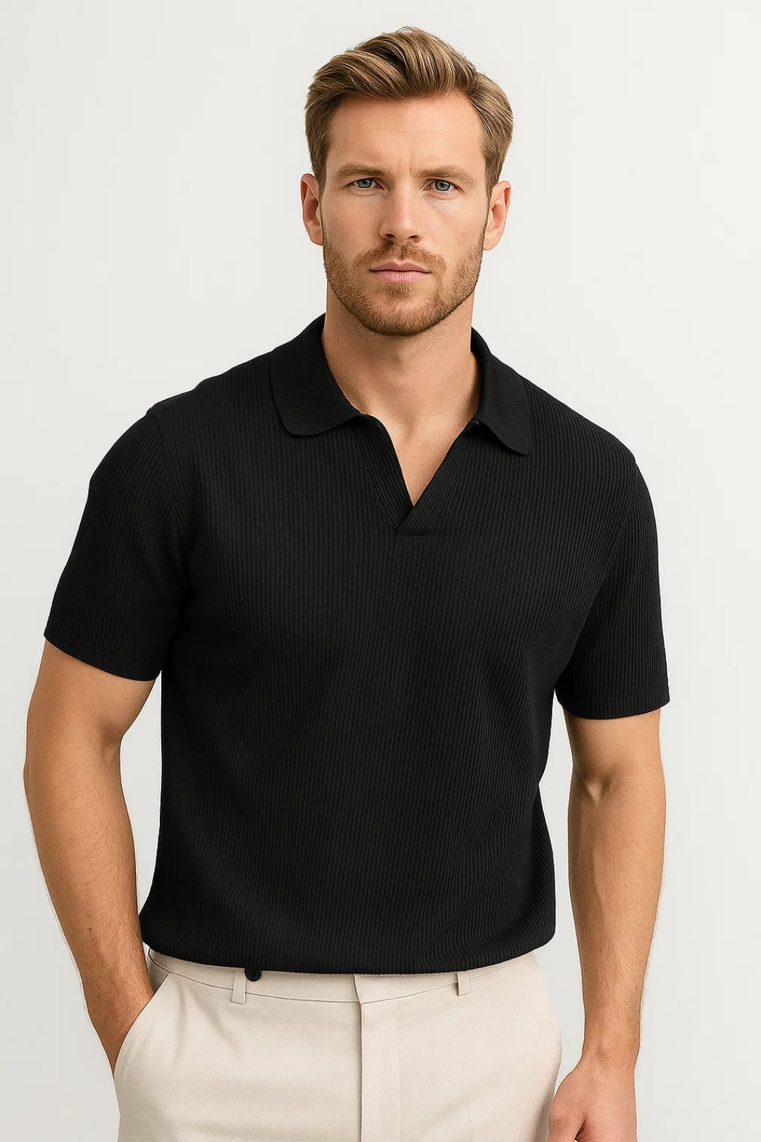 Men’s Ribbed Knit Polo with Open Collar and Modern Smart Fit