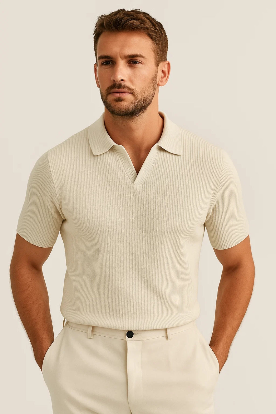 Men’s Ribbed Knit Polo with Open Collar and Modern Smart Fit