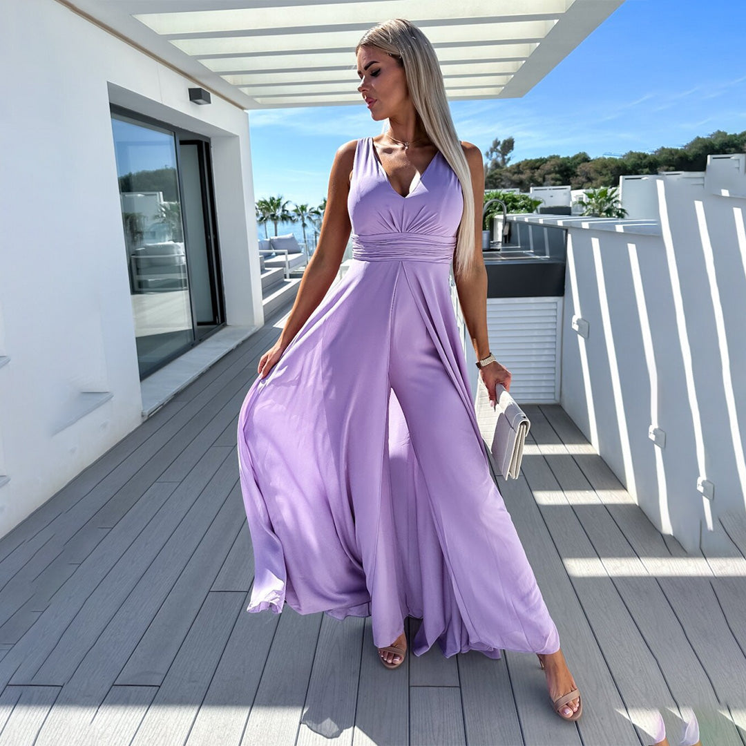 Women’s Flowing Wide-Leg Jumpsuit with Elegant Gathered Waist Design