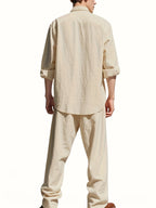 Men's Linen Two-Piece Set with Band Collar Shirt for Summer Comfort