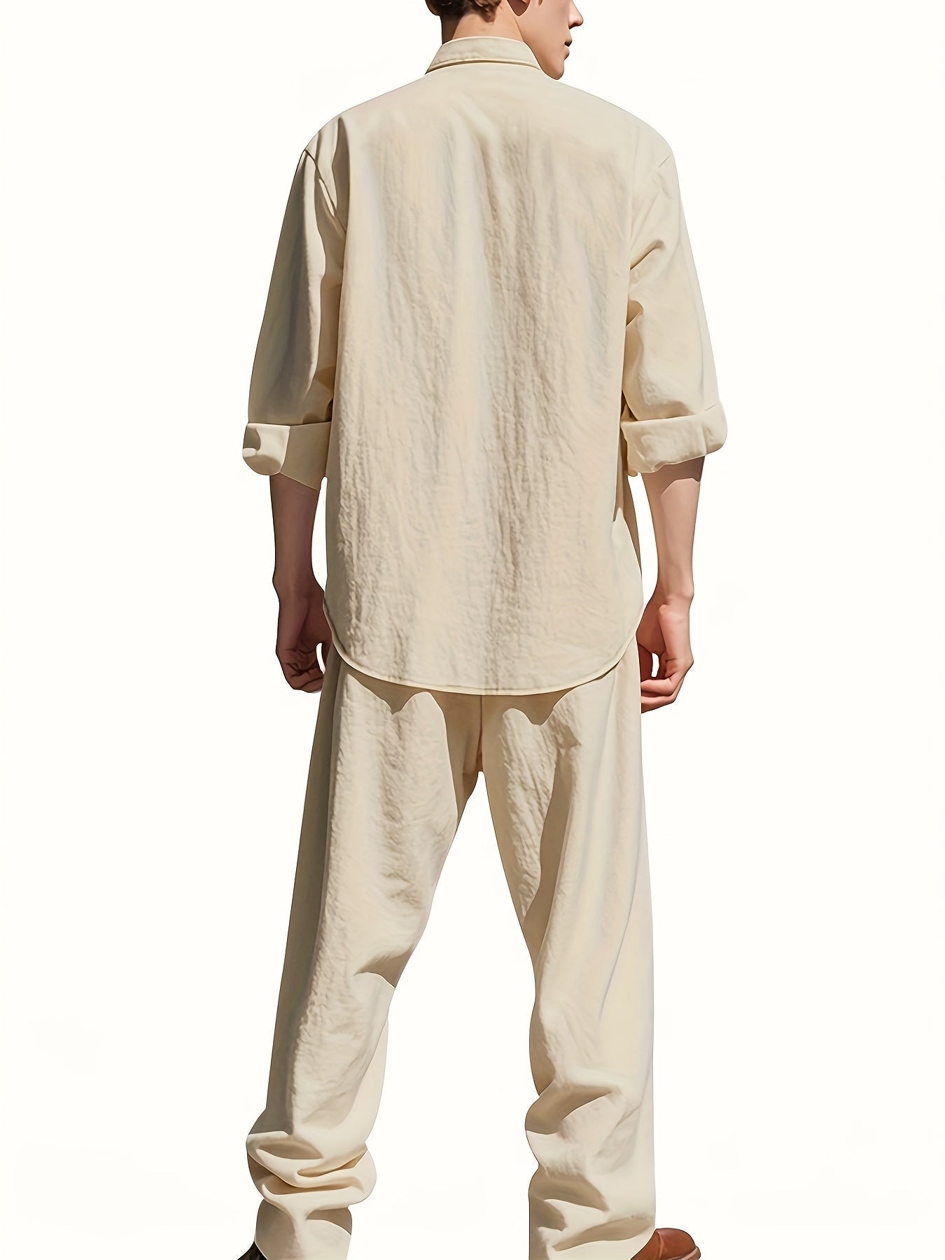 Men's Linen Two-Piece Set with Band Collar Shirt for Summer Comfort