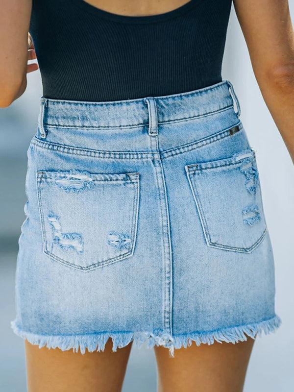 Damen High-Waist Denim Minirock mit Used-Look, ausgefranstem Saum und klassischem Fünf-Taschen-Design