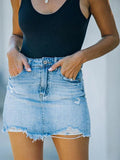 Damen High-Waist Denim Minirock mit Used-Look, ausgefranstem Saum und klassischem Fünf-Taschen-Design