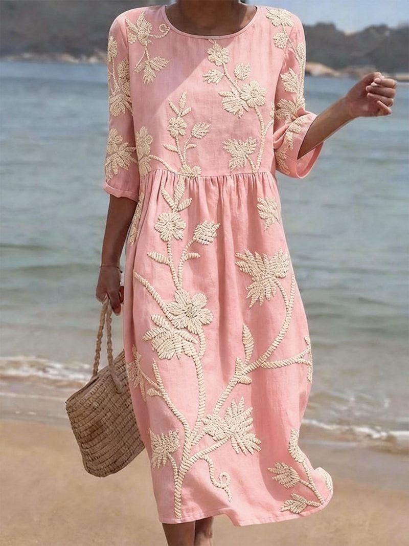 Women's Floral Embroidered Midi Dress with Three-Quarter Sleeves