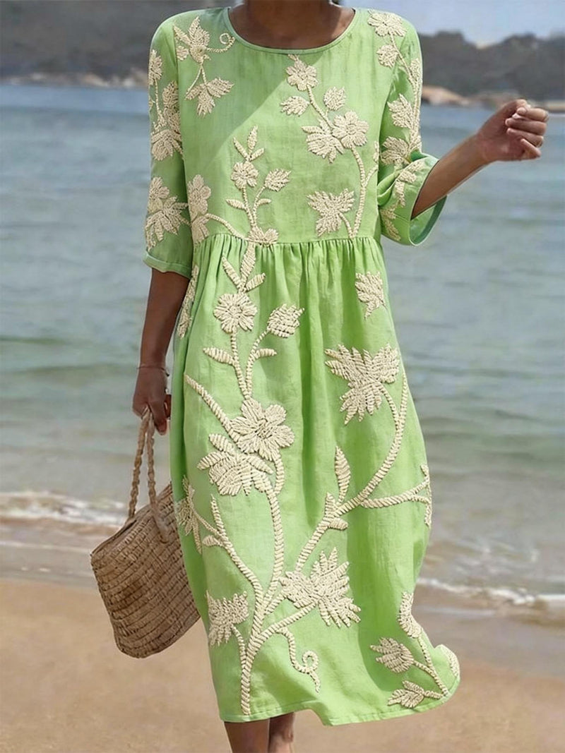 Women's Floral Embroidered Midi Dress with Three-Quarter Sleeves