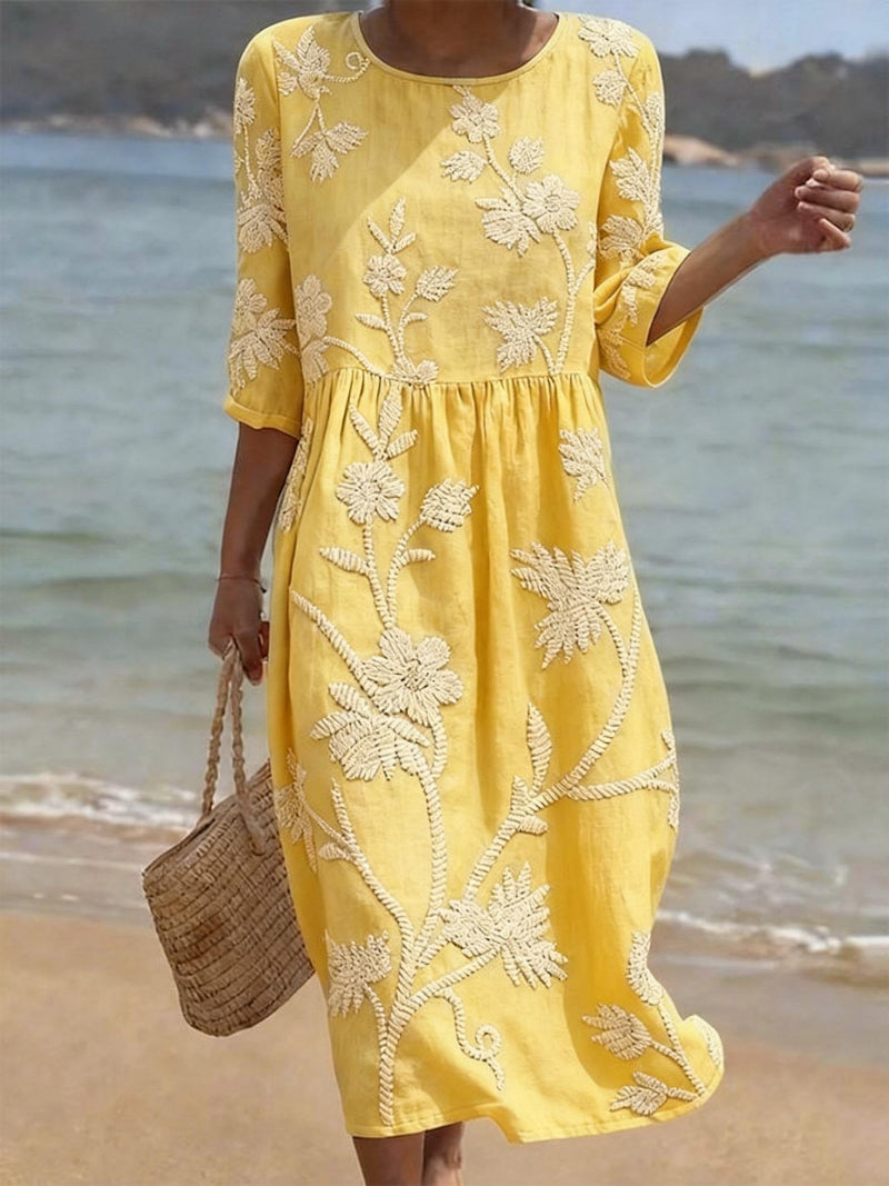 Women's Floral Embroidered Midi Dress with Three-Quarter Sleeves