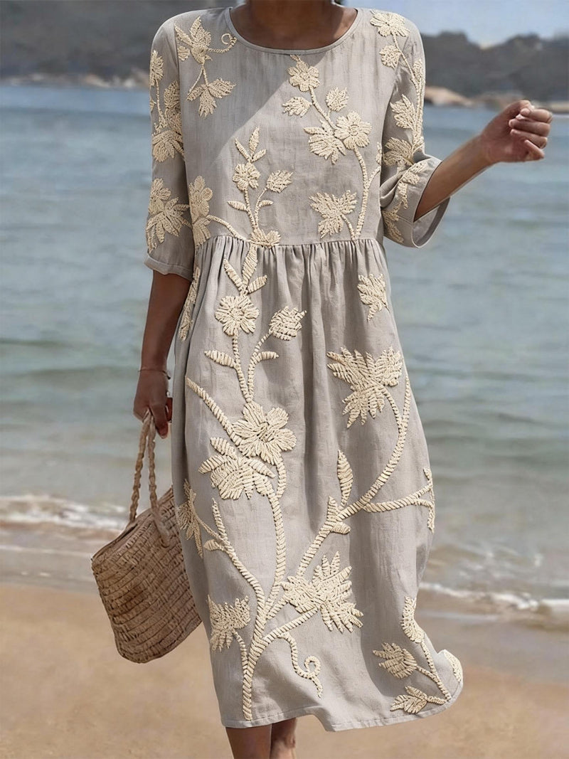 Women's Floral Embroidered Midi Dress with Three-Quarter Sleeves