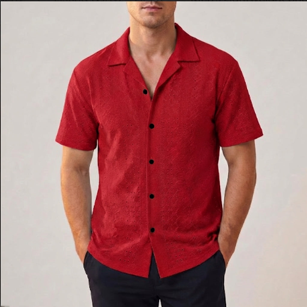 Men's Perforated Cotton Blend Shirt with Short Sleeves and Relaxed Fit