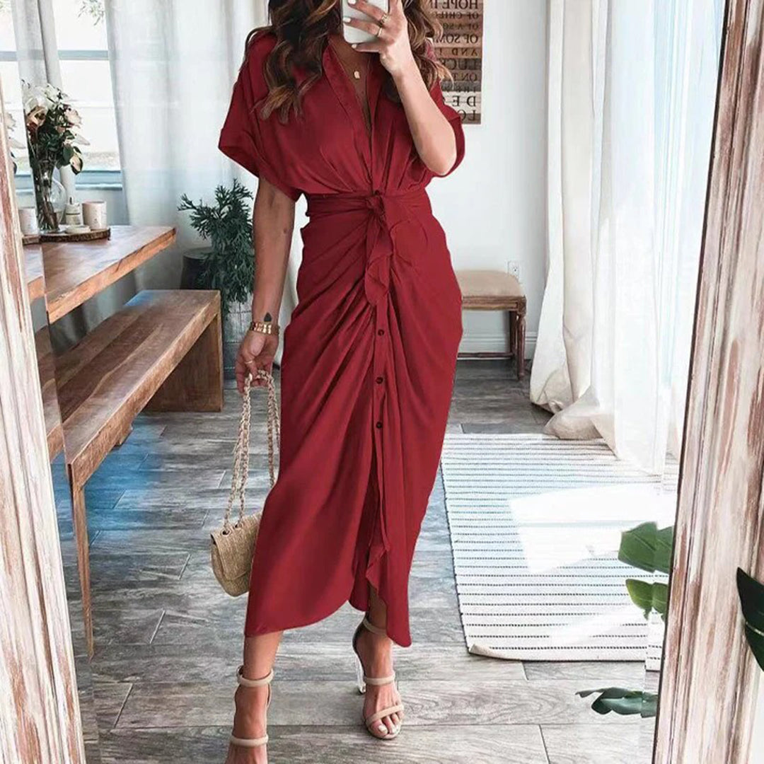Damen-Midikleid mit Knopfleiste und Taillengürtel für eleganten Alltagslook