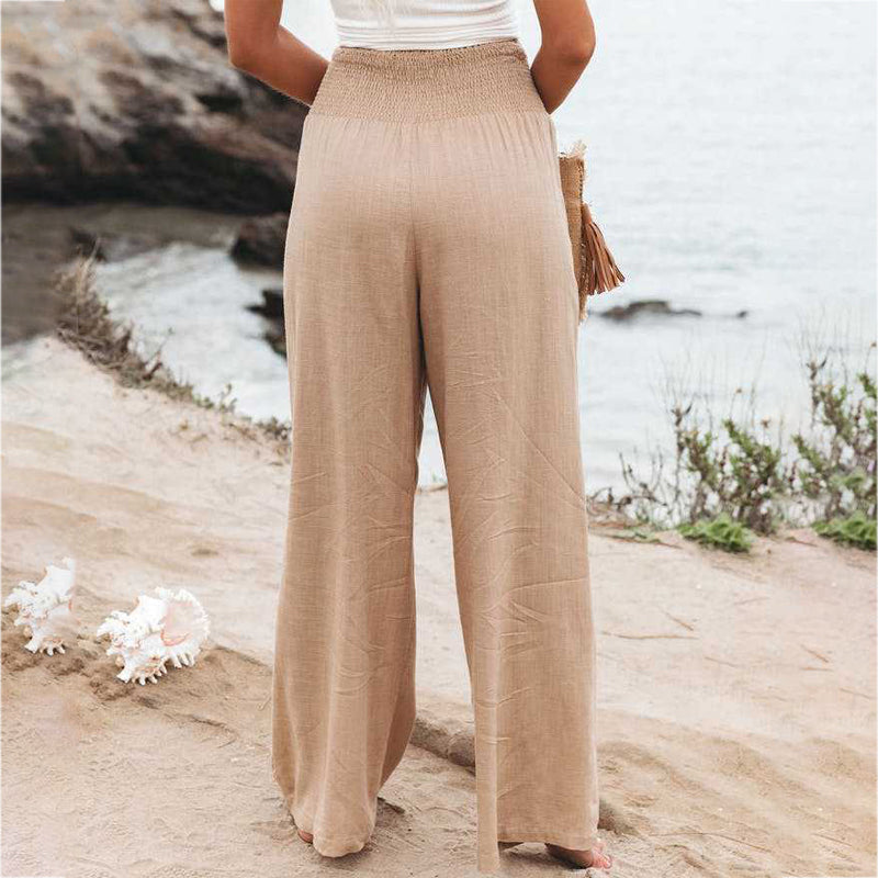 Women's Smocked High-Waist Wide Leg Trousers with Flowy Relaxed Fit