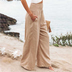 Women's Smocked High-Waist Wide Leg Trousers with Flowy Relaxed Fit