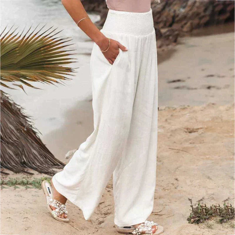 Women's Smocked High-Waist Wide Leg Trousers with Flowy Relaxed Fit