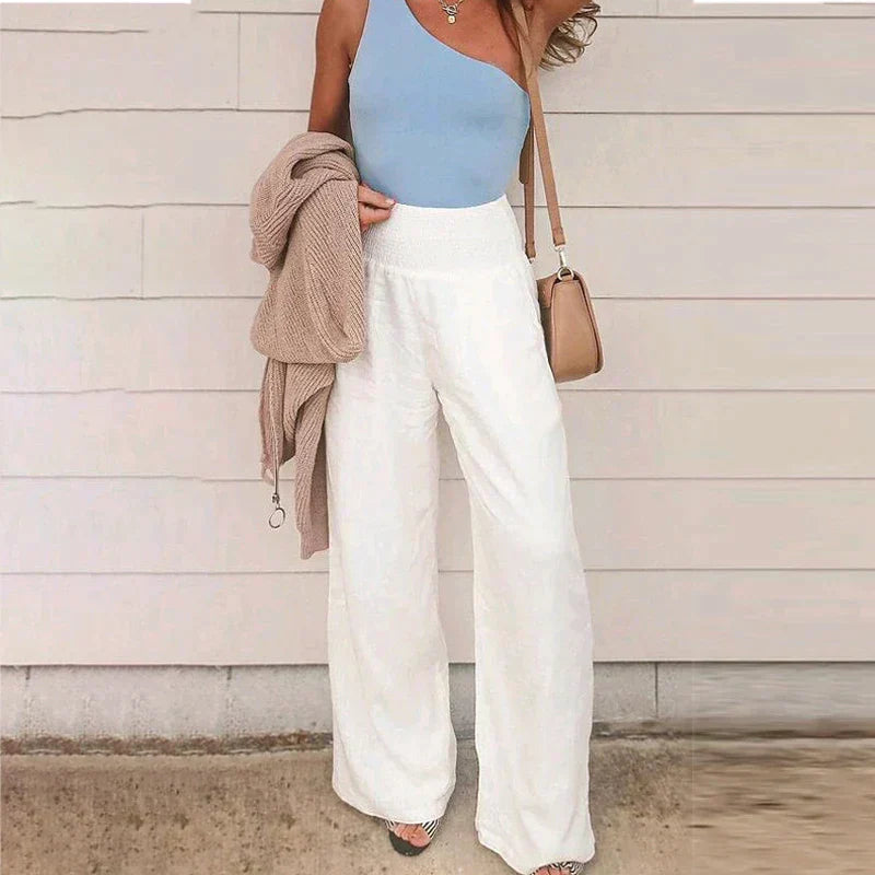 Women's Smocked High-Waist Wide Leg Trousers with Flowy Relaxed Fit