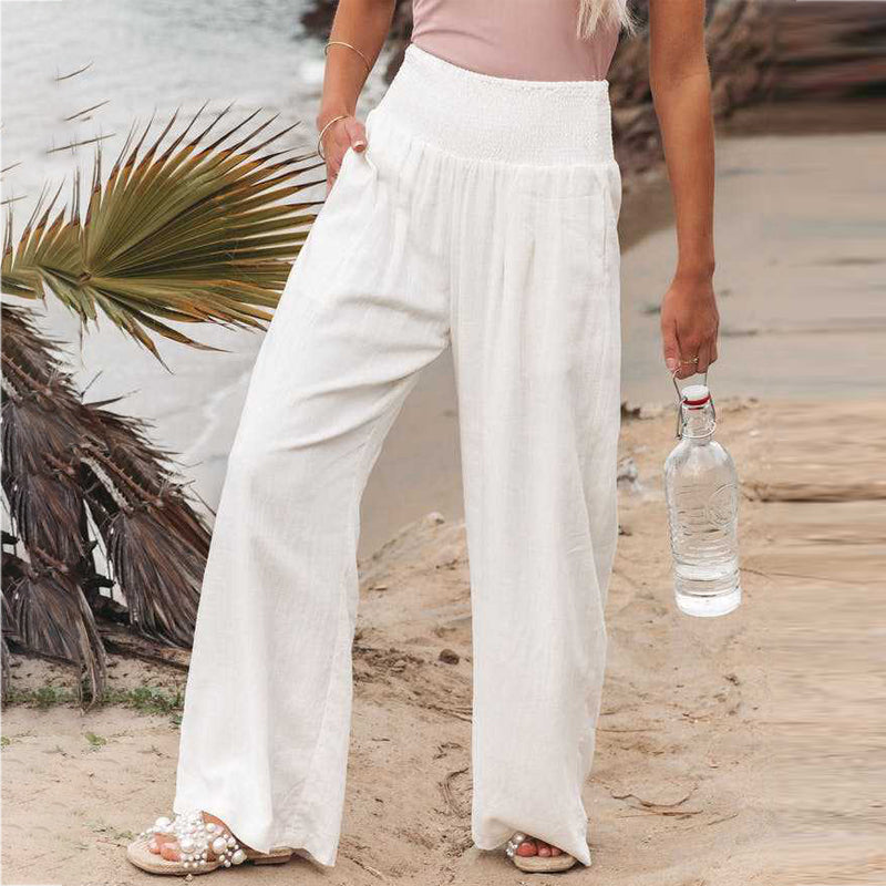 Women's Smocked High-Waist Wide Leg Trousers with Flowy Relaxed Fit