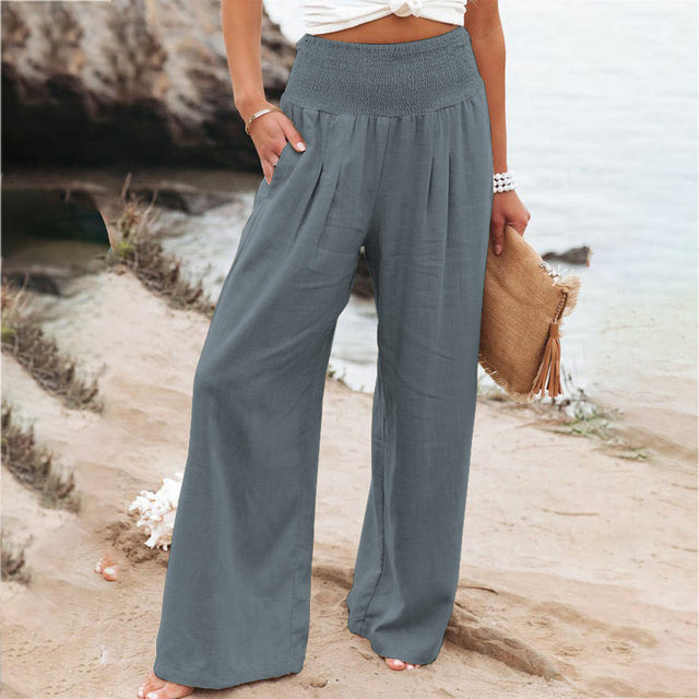 Damenhose mit gerafftem Bund, hoher Taille und weitem Bein, locker und fließend geschnitten