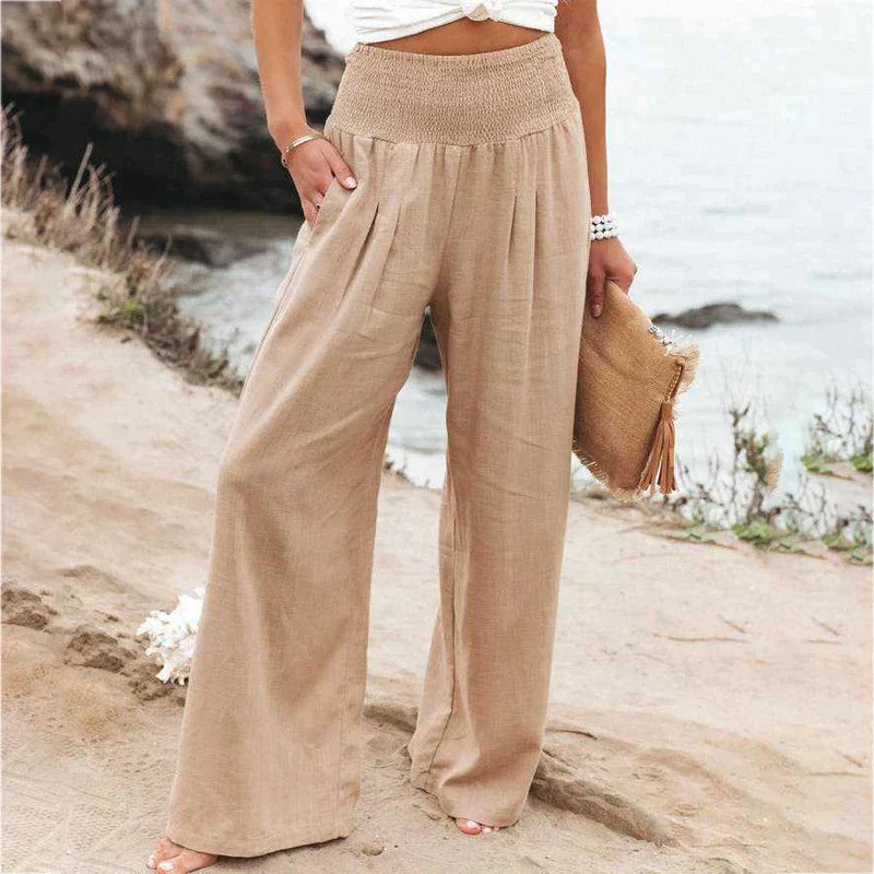 Damenhose mit gerafftem Bund, hoher Taille und weitem Bein, locker und fließend geschnitten