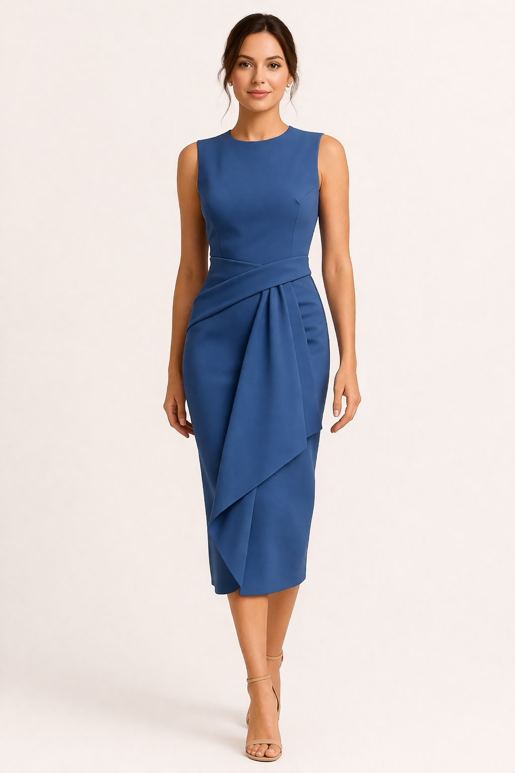 Damen Midi-Bürokleid mit strukturierter Passform und elegantem, drapiertem Taillendetail