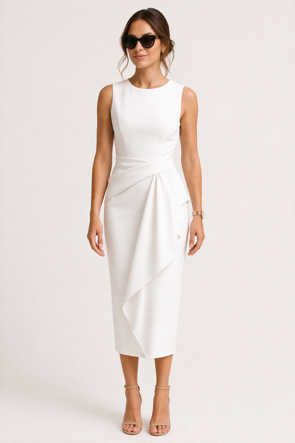 Women Midi Office Dress with Structured Fit and Elegant Draped Waist Detail