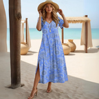 Women's Paisley Midi Dress with V-Neck and Side Slit for Everyday Elegance