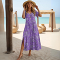 Women's Paisley Midi Dress with V-Neck and Side Slit for Everyday Elegance