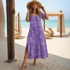 Women's Paisley Midi Dress with V-Neck and Side Slit for Everyday Elegance