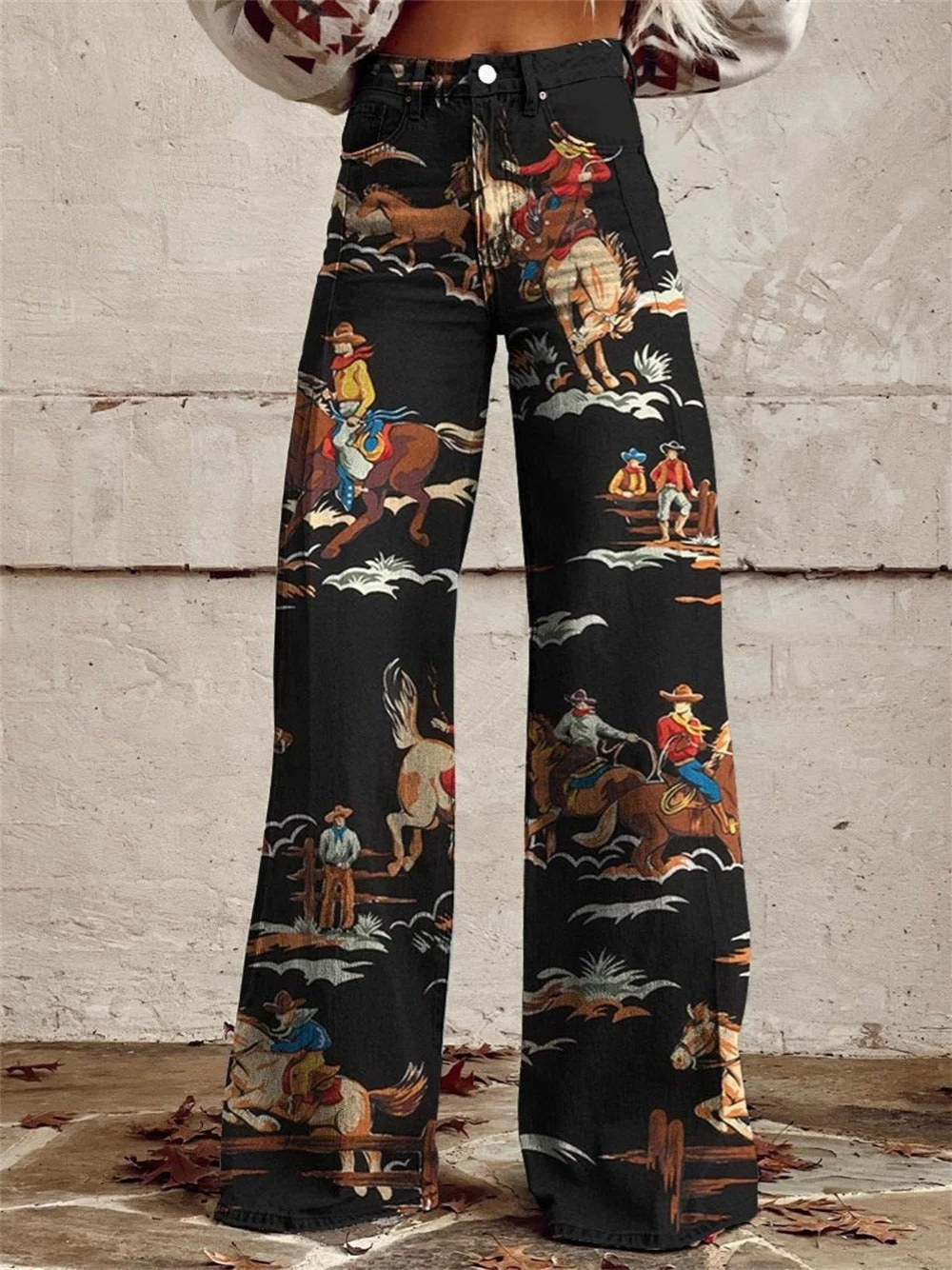 Pantaloni da donna a gamba larga con stampa western