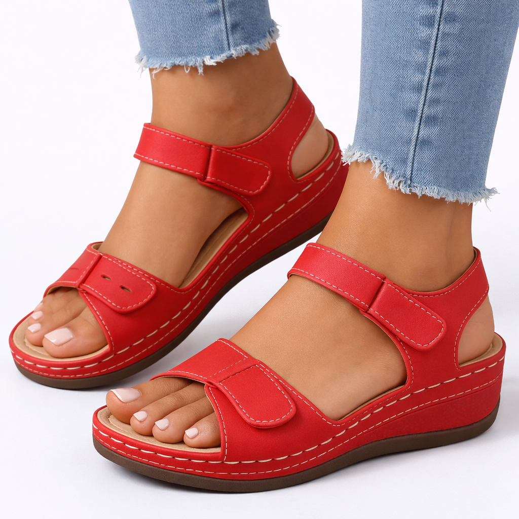 Sandales compensées confortables triple ajustement pour femme avec semelle rembourrée et bout ouvert
