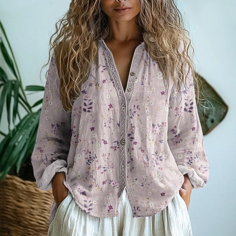 Women's Botanical Print Blouse with Decorative Contrast Trim