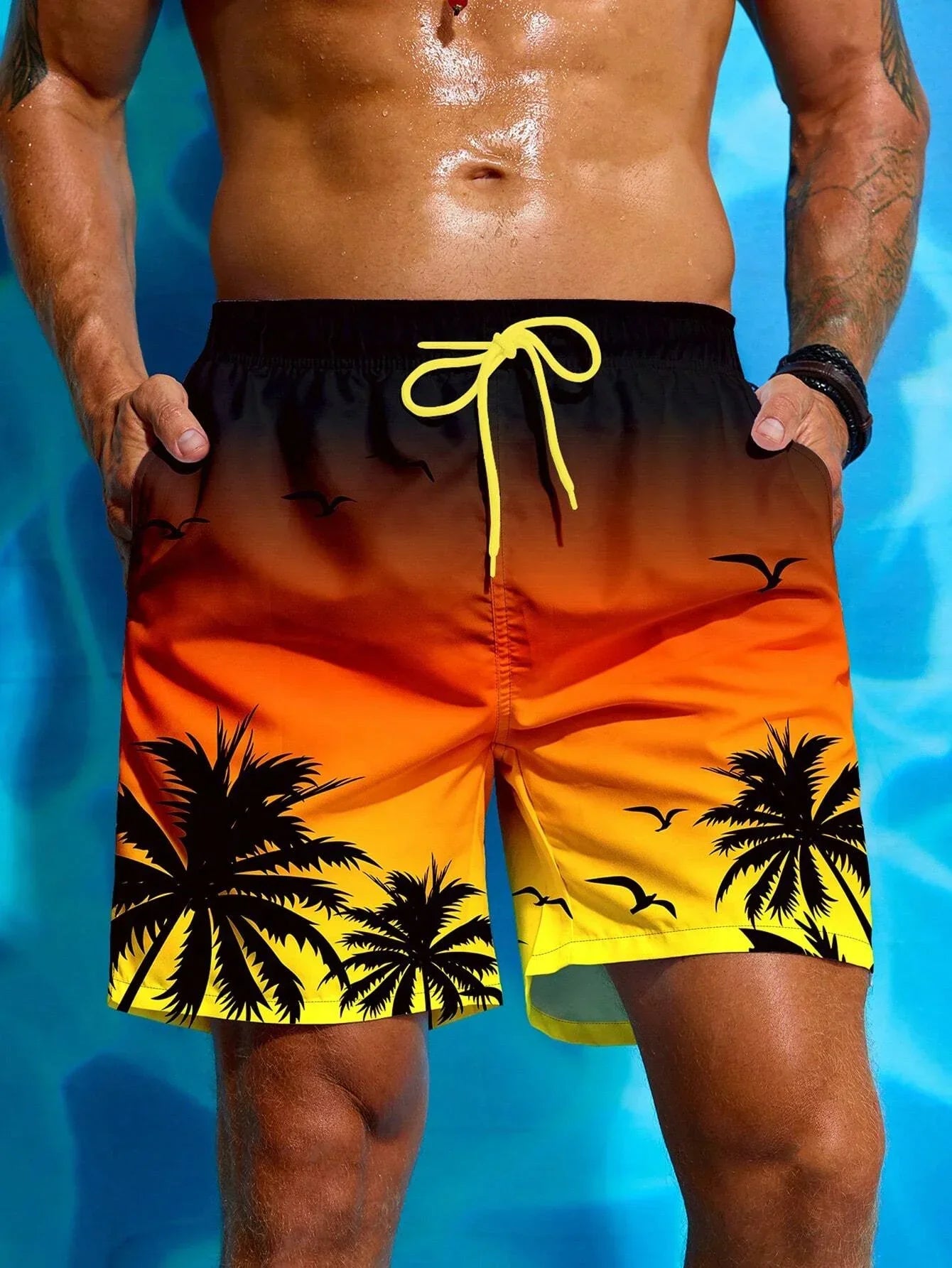 Men's Quick-Dry Swim Shorts with Palm Print and Drawstring Waist for Beach and Pool Days
