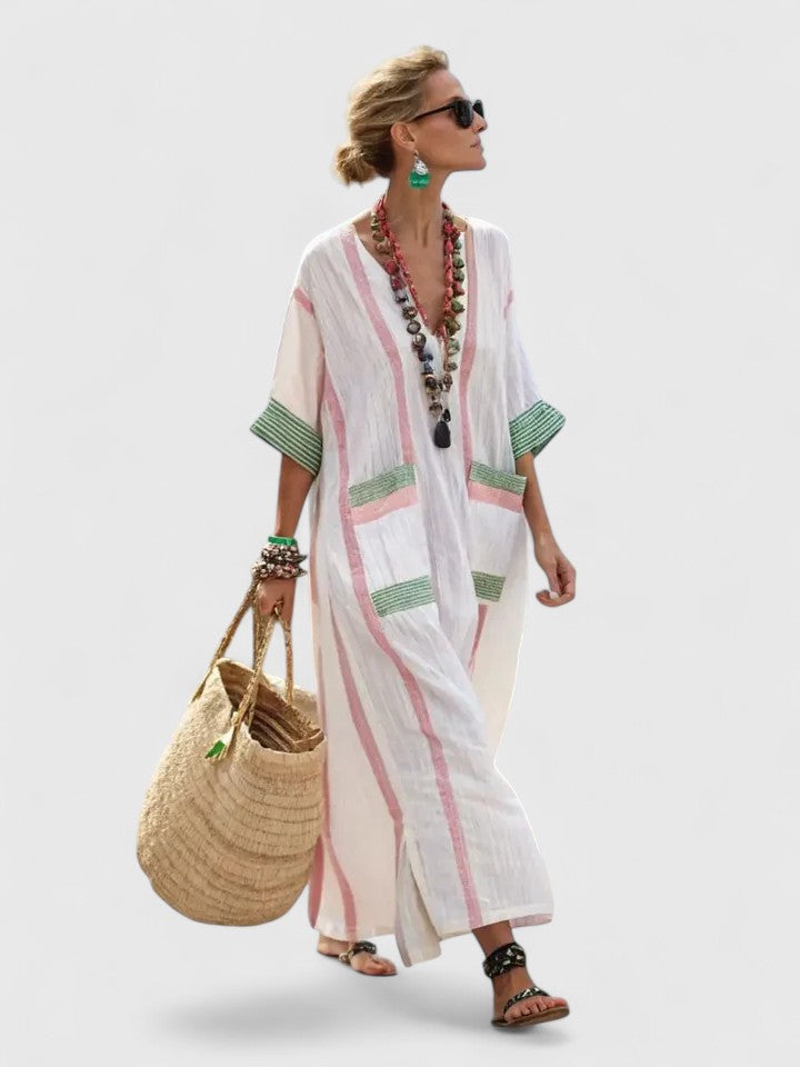 Women's Bohemian Maxi Dress with V-Neck and Patch Pocket Detail
