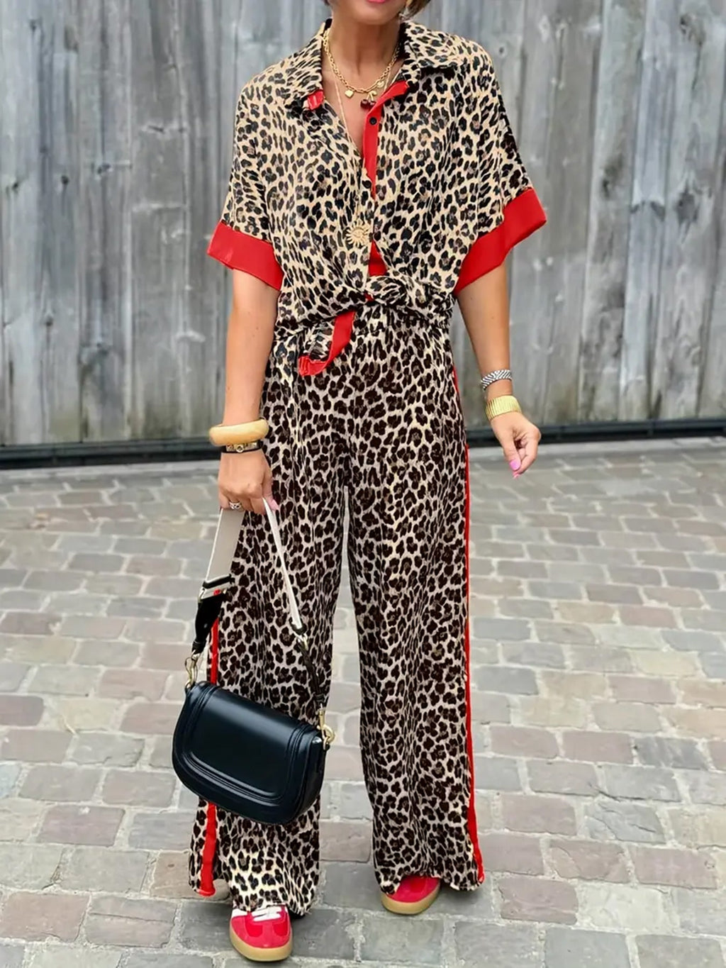 Women's Leopard Print Wide Leg Co-Ord Set with Contrast Trim Details