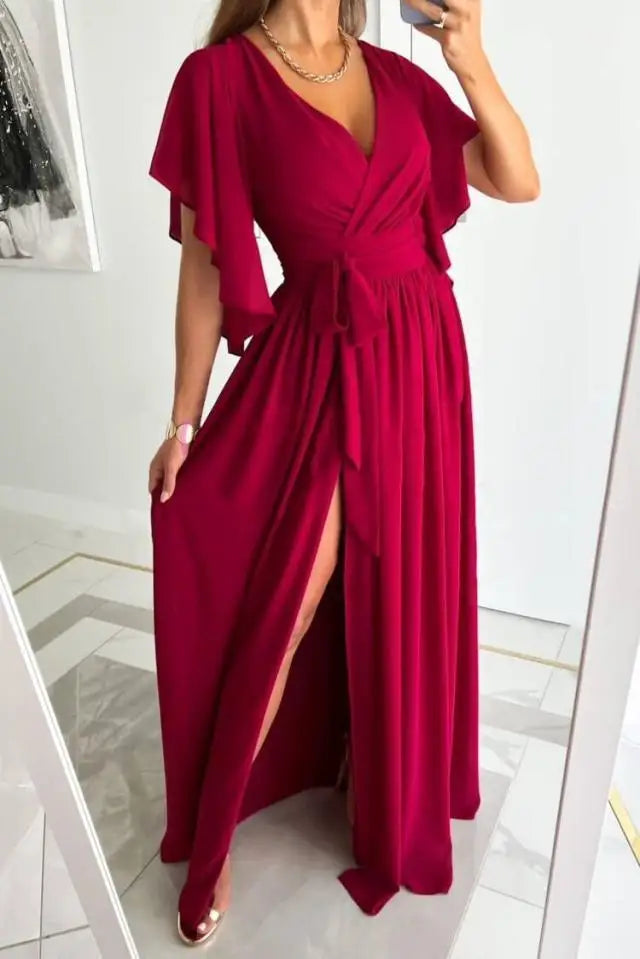 Women Elegant Wrap Maxi Dress with Flowing Skirt and Waist Tie Detail
